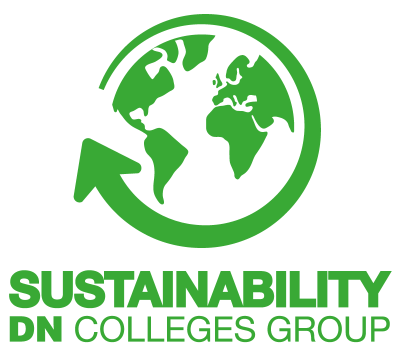 A green logo displaying the words Sustainability DN Colleges Group, featuring a stylised image of a world map surrounded by an arrow circling around the globe